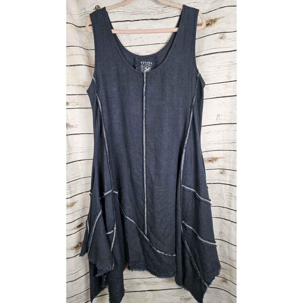 Yuvita 100% Linen Dress L Blue Sleeveless Midi Asymmetrical Frayed Hem Lagenlook